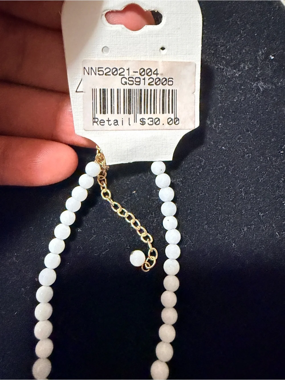 Handmade White Beaded Necklace with Gold Triangle Charms